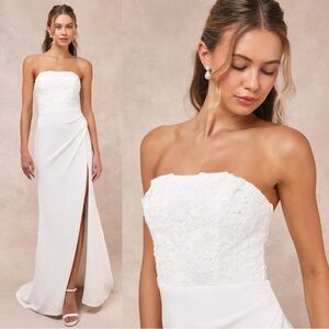 NWOT Lulus Refined Glow White 3D Embroidered Sequin Strapless Maxi‎ Dress
